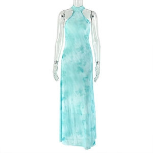Detail of blue-green tie-dye halter neck maxi dress with elegant slim fit and sheer fabric