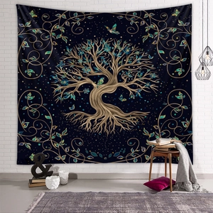Detail of life tree tapestry on white brick wall for bedroom decoration