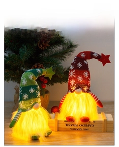 Close-up of glowing Christmas gnomes with snowflake knitted hats and warm LED light effect