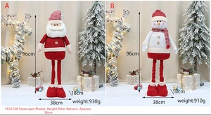 Detail of 38-inch retractable Santa and Snowman plush with telescopic legs for Christmas decor