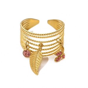 Crossed multi-layer gold open ring with leaf charms and pink crystal pendants