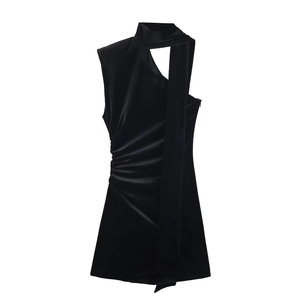 Vestito Mini Senza Maniche In Velluto Scollo A Sciarpa Arricciato Laterale Vestibilità Aderente Festa Clubwear Sera Nero