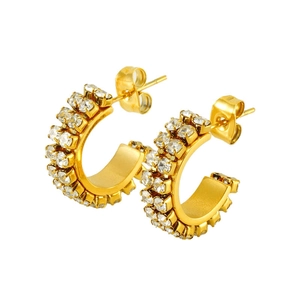 Elegant gold-plated double-row crystal C-shape earrings with 18K stainless steel finish