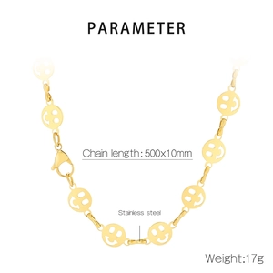 Detail of 500mm gold stainless steel smile pendant necklace with lobster clasp and sizing