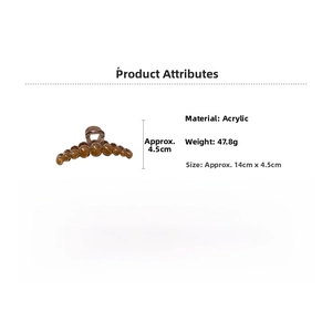 Detailed specs of amber acrylic hair claw clip with 47.8g weight and 14cm length