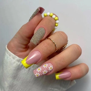 French Tip Press On Nails Yellow Daisy Floral Glitter Artificial Nail Tips Long Square Shape Elegant Manicure