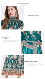 Detail view of high collar, tie waist, and pleated hem of dark green floral chiffon dress