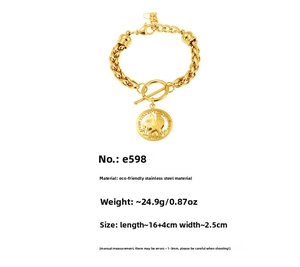 Detailed view of golden stainless steel chain bracelet with hollow rooster coin charm