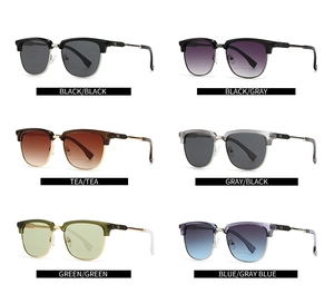 Macro display of six stylish square sunglasses color variants in a clean grid layout