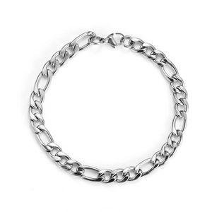 7mm wide silver stainless steel Figaro chain bracelet for men with polished finish