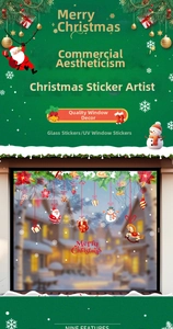 Detail of Christmas window stickers with Santa, snowman and UV printing elements