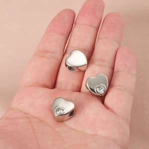 Polished stainless steel heart charms with sparkling crystals for DIY jewelry making