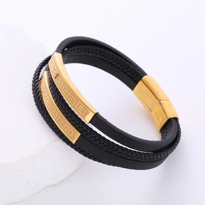 Multi-layer black braided leather men's bracelet with gold Greek meander metal buckle