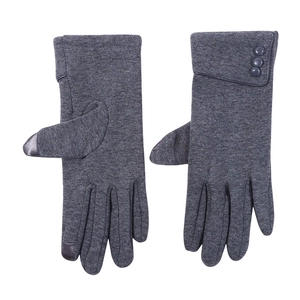 Detail of dark grey knit gloves showing three decorative buttons and touchscreen fingertips