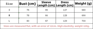 Detailed size chart for long sleeve solid slim fit dress with ruffle hem measurements