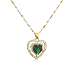 18K gold plated necklace with green heart zircon pendant and crystal frame on white background