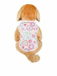 Detailed back view of a white summer dog vest with colorful floral heart patterns