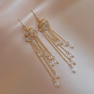 Elegant champagne gold long crystal tassel chain drop earrings for a sophisticated look