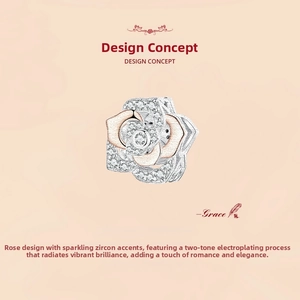 Close-up of S925 sterling silver rose charm with rose gold plating and clear zircons