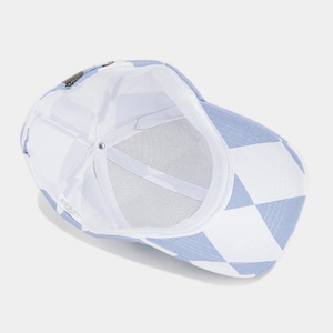 Interior view of Munich Oktoberfest baseball cap with blue checkered pattern and metal buckle