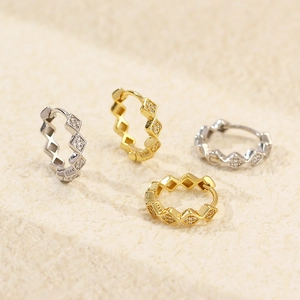 S925 sterling silver geometric rhombus earrings with sparkling zircon stones in gold and silver