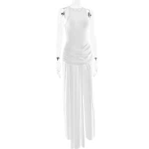 Détail d'une robe longue blanche sans manches avec plis à la taille et ourlet drapé