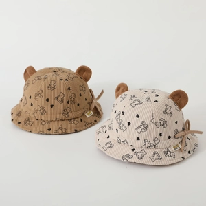 Corduroy baby bucket hat with plush bear ears and drawstring in khaki and off-white