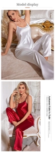 Detail of silk satin camisole and pants set featuring glossy fabric and elegant backless cut