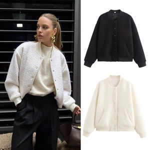 Women Sherpa Bomber Jacket Grained Fleece Snap Button Round Neck Solid Casual Outerwear