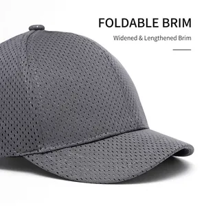 Grey mesh baseball cap with breathable fabric and wide curved brim for face slimming