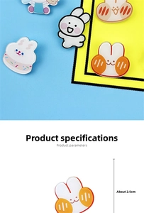 Detailed size view of acrylic rabbit cartoon pins featuring various colorful bunny designs