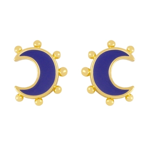 Fashionable 18K gold-plated crescent moon earrings with deep blue oil drip finish
