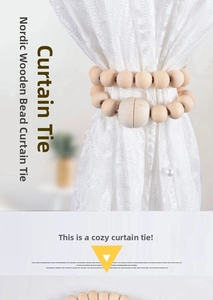 Macro detail of Nordic wooden bead curtain tieback with magnetic buckle on lace fabric