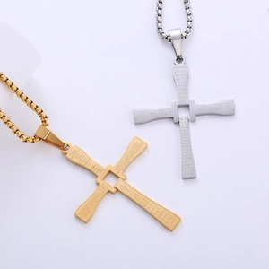 Polished gold and silver stainless steel cross necklaces with engraved Spanish scripture