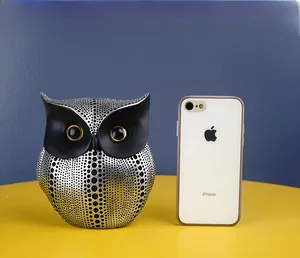 Modern resin owl figurine with silver finish and black polka dots for home shelf decor