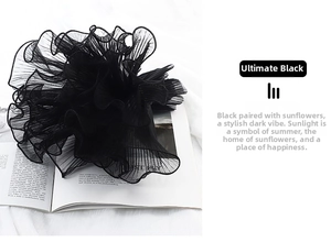 Close-up of black layered pleated mesh fabric with ruffle edge for floral packaging