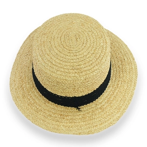 Classic straw boater hat with black woven band on white background for sun protection