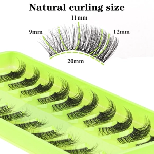 Detail view of segmented false eyelashes with size markers for 9mm, 11mm, and 12mm lengths