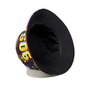 Retro 90s graffiti bucket hat with purple artistic patterns and sun protection brim