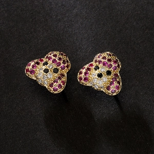 Sparkling 18K gold plated copper teddy bear stud earrings with colorful zircon stones