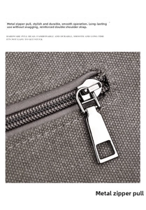 Dettaglio della zip in metallo liscio sulla borsa in tela grigia resistente con texture