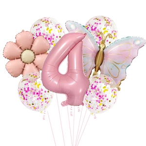 Pink party balloon set with number 4 butterfly flower and confetti latex decorations