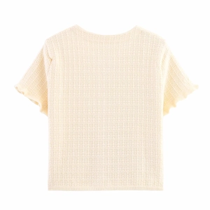 Rear view of a beige short sleeve waffle knit top with a round neckline on white background