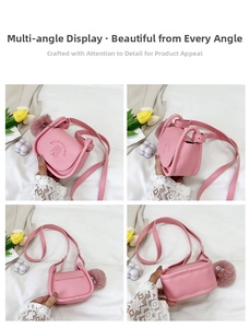 Detail views of pink mini crossbody bag with cat embossing and soft pompom charm
