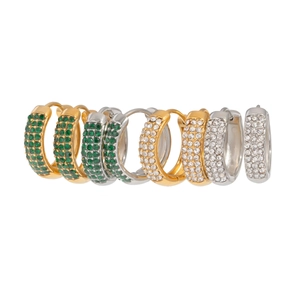 18K gold and silver stainless steel C-shaped hoop earrings with green and white zircon