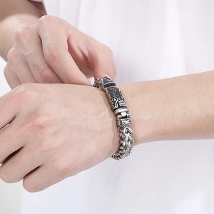 Vintage punk silver dragon chain bracelet for men with engraved totem buckle clasp