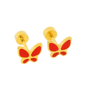Detailed view of butterfly stud earrings with gold plating and vibrant red enamel finish