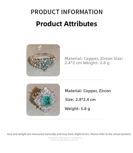 Close-up of heart-shaped blue zircon and square green zircon layered gold-plated rings