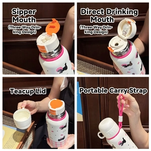 Cute cartoon cat thermos bottle with 3 drinking modes and pink strap for students