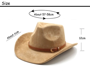 Detailed dimensions of beige suede cowboy hat with size 57-58cm and 8cm wide brim